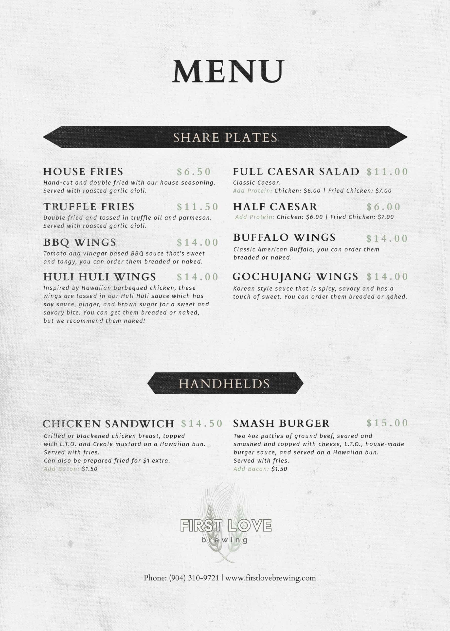 Menu - First Love Brewing - Amelia Island, FL